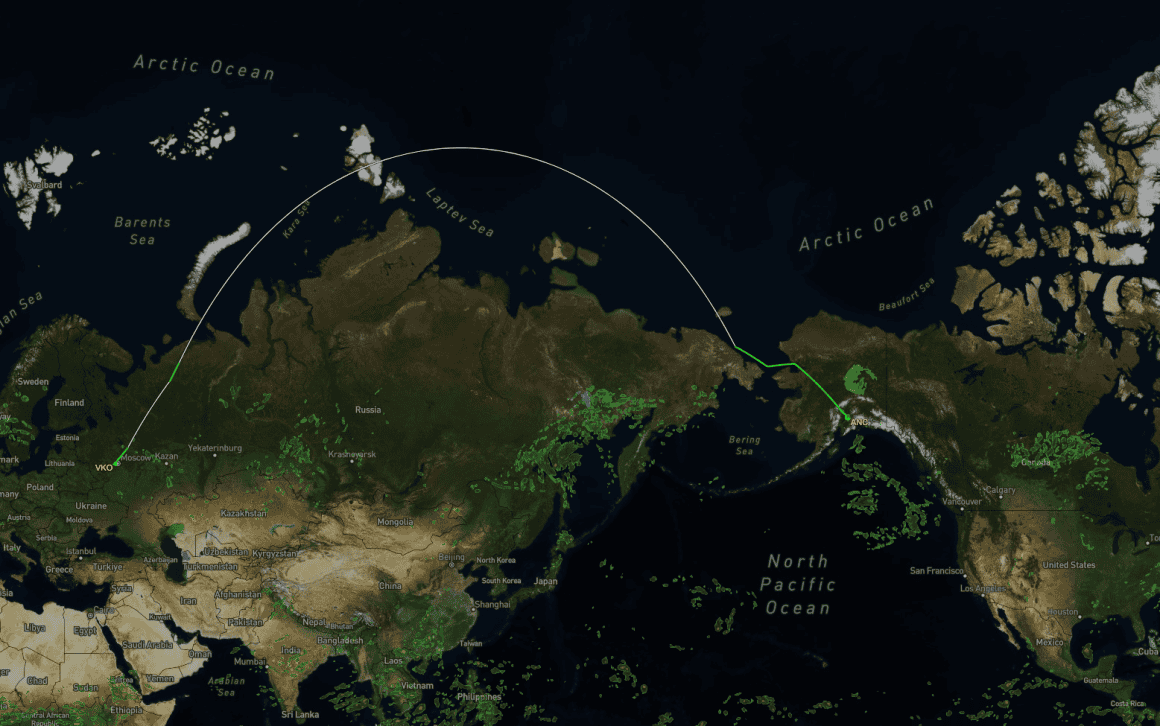 Route map of Russian Il-96 that landed in ANC