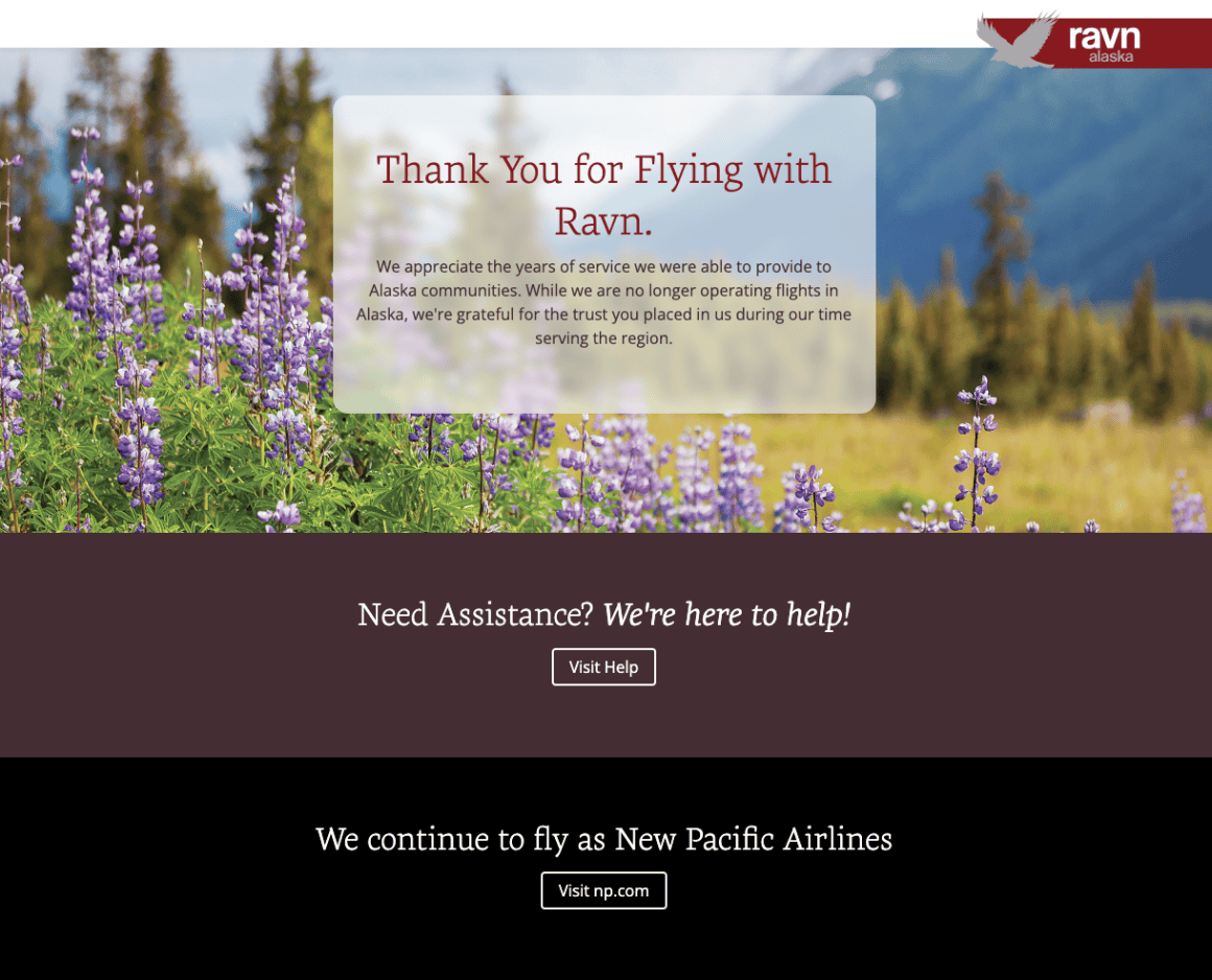 The Ravn Alaska website as of 15 August 2025 announcing its closure | IMAGE: Ravn Alaska