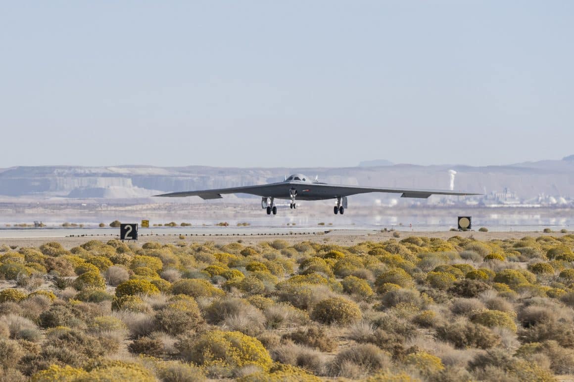 B-21 Raider landing at Edwards AFB