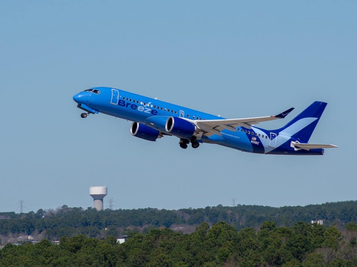 Breeze Airways Airbus A220-300 departs RDU 