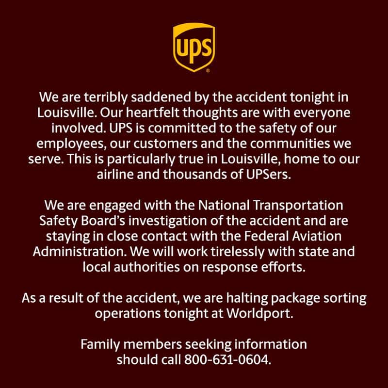 UPS MD-11 Crashes Shortly After Takeoff in Louisville, Death Toll Rises to 7 5 Statement from UPS following the Flight 2976 crash