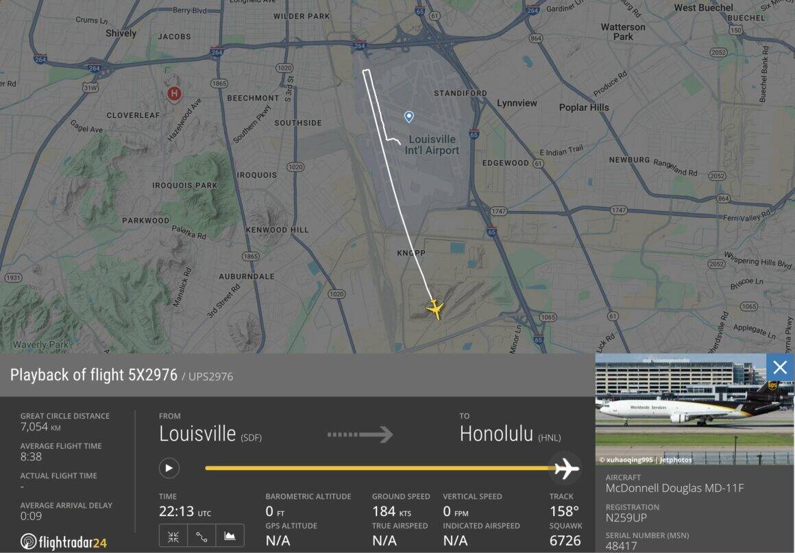 BREAKING: UPS MD-11F Crashes Shortly After Takeoff in Louisville 1 FlightRadar24 shows the path the UPS MD-11 (N259UP) took prior to impact