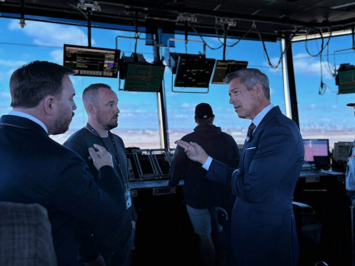 US Transportation Secretary Sean P. Duffy speaks with air traffic controllers ahead of proposed FAA flight cuts amid the government shutdown