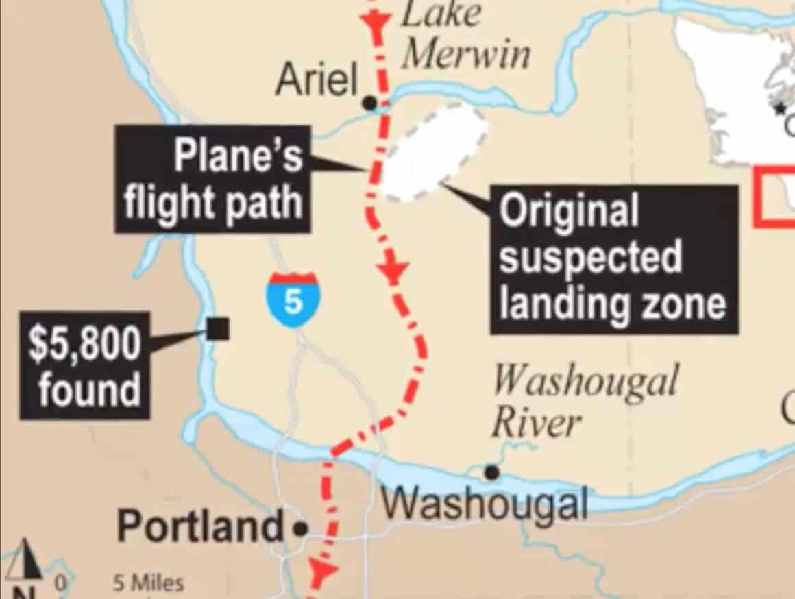The flight path of Flight 305, and the approximate location D.B. Cooper jumped