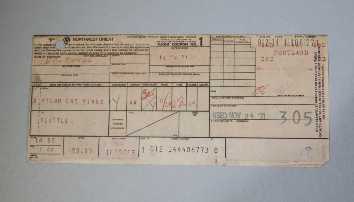 A copy of the ticket D.B. Cooper used for Flight 305