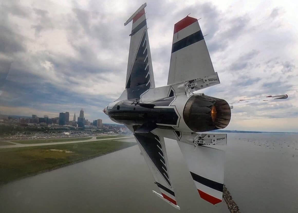 Meigs 2.0? Burke Lakefront Airport Closure Debate Raises High Stakes for Cleveland and Aviation 8 An F-16 from the US Air Force Air Demonstration Squadron, the Thunderbirds, approaches Burke Lakefront Airport during the 2021 Cleveland National Air Show