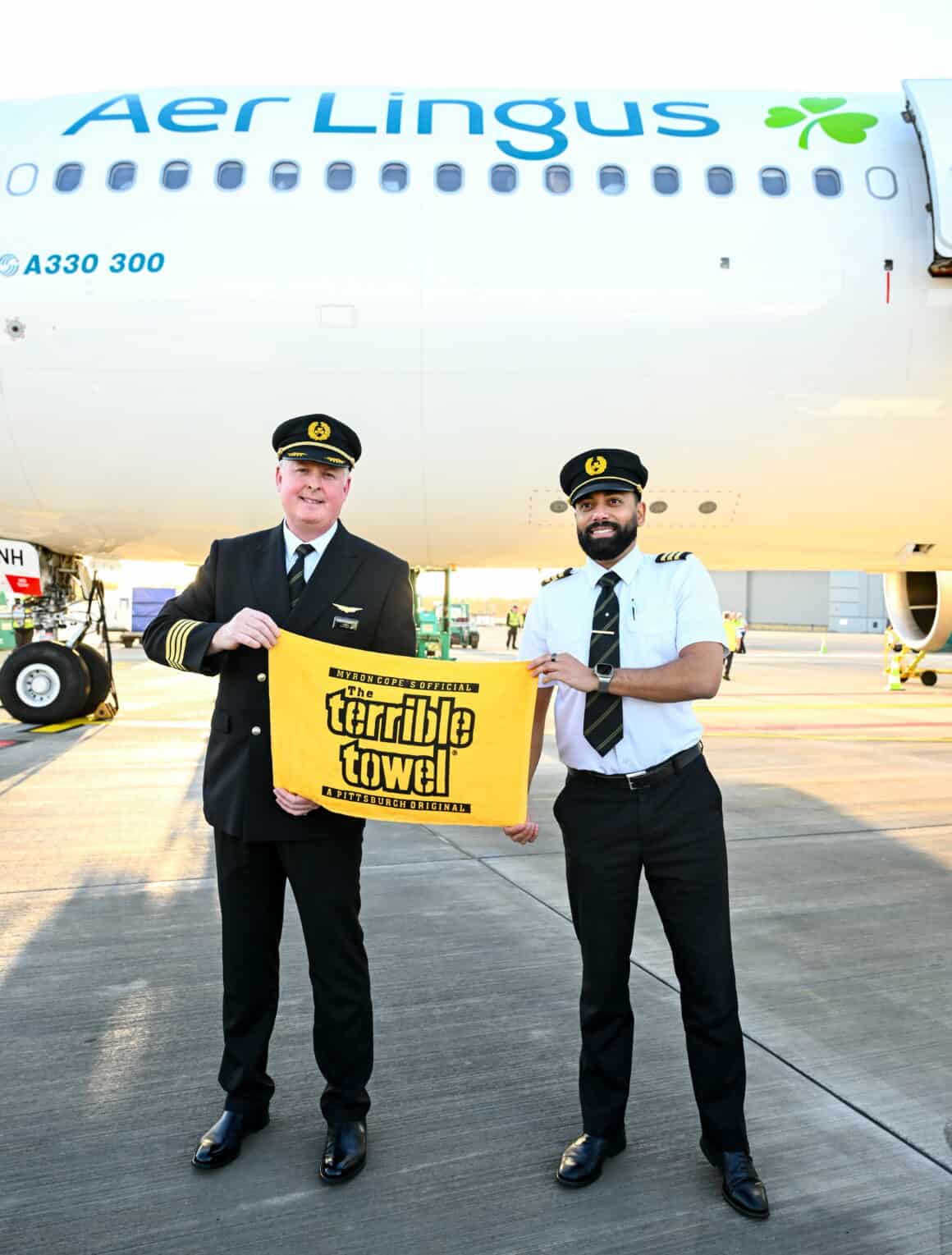 Aer Lingus Pittsburgh Flights Announced With New Dublin Route Starting in 2026 5 The flight crew of an Aer Lingus Airbus A330 waves the Irish flag and the Pittsburgh Steelers flag (and a Terrible Towel) after flying the Steelers to Dublin in September 2025 for an NFL game in Croke Park, Dublin. Regularly scheduled Aer Lingus Pittsburgh flights launch in May 2026