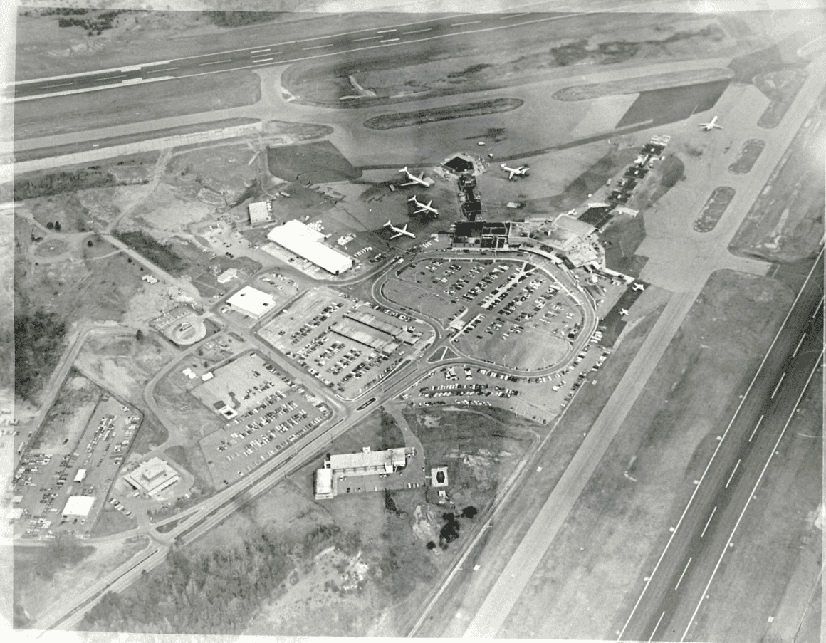 Aerial view of Douglas Municipal Airport (CLT) in the early 1970s