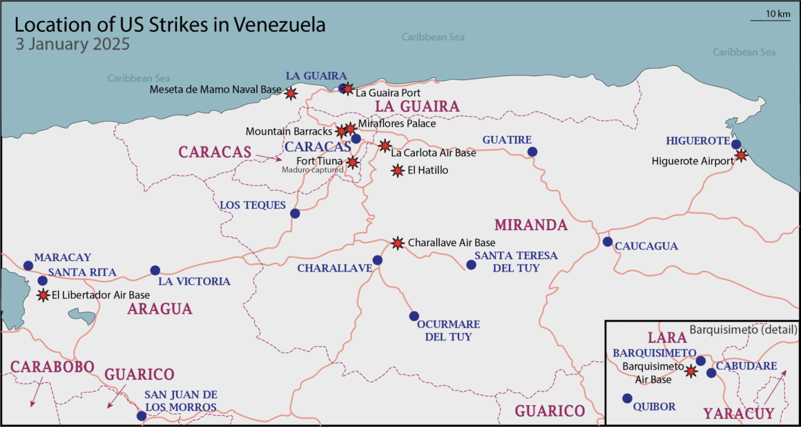 Location of US airstrikes in Venezuela during Operation Absolute Resolve