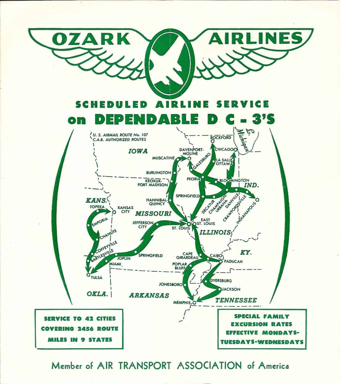 Early Ozark Air Lines timetable highlighting the carrier's DC-3 service