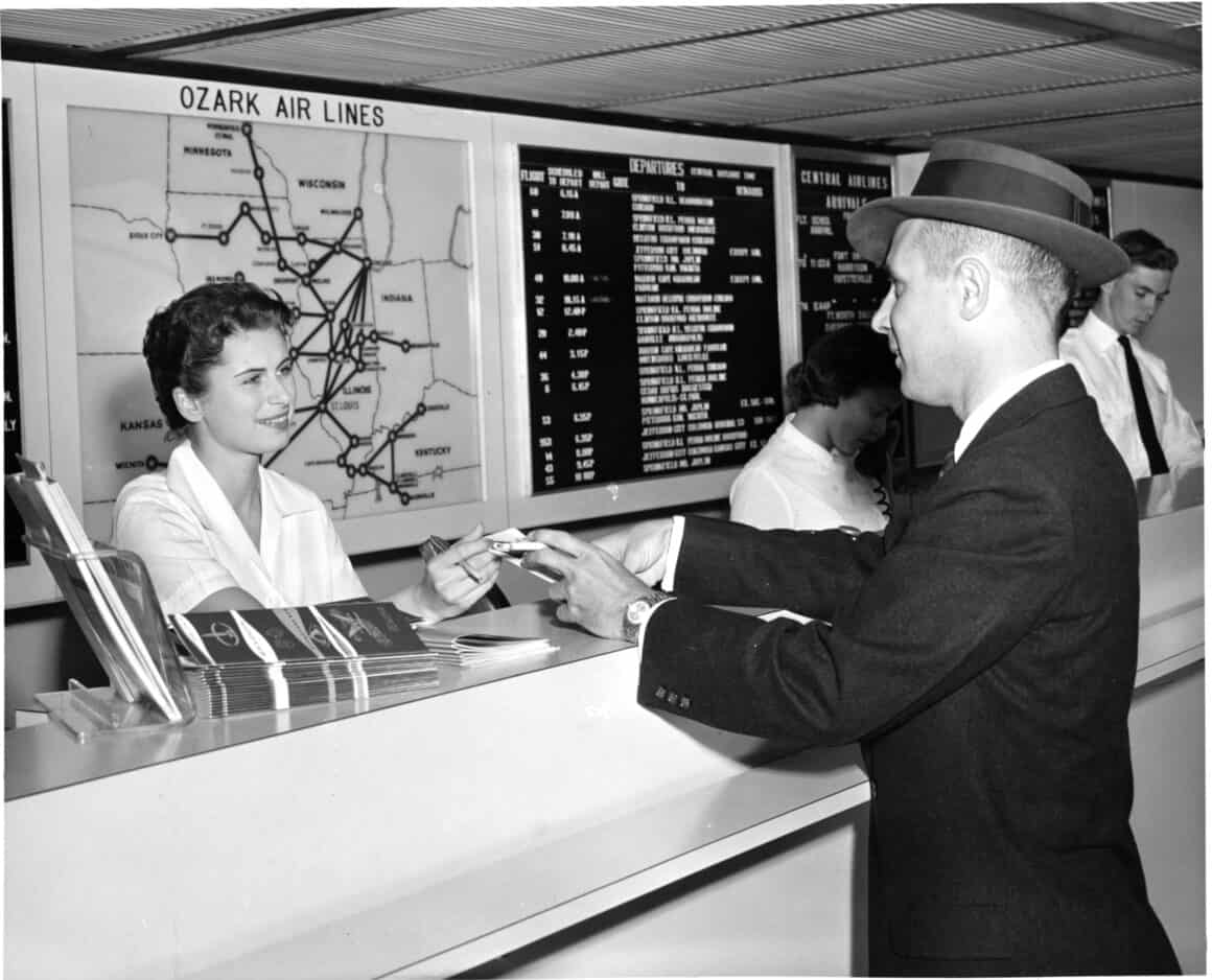 Circa late-1950s image of the Ozark Air Lines ticket counter at STL 