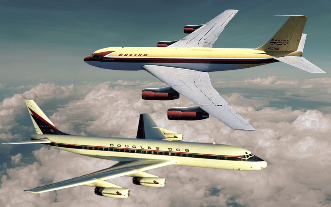 Early long-range jet airliners included rivals Boeing and Douglas, which produced the 707 and DC-8, respectively