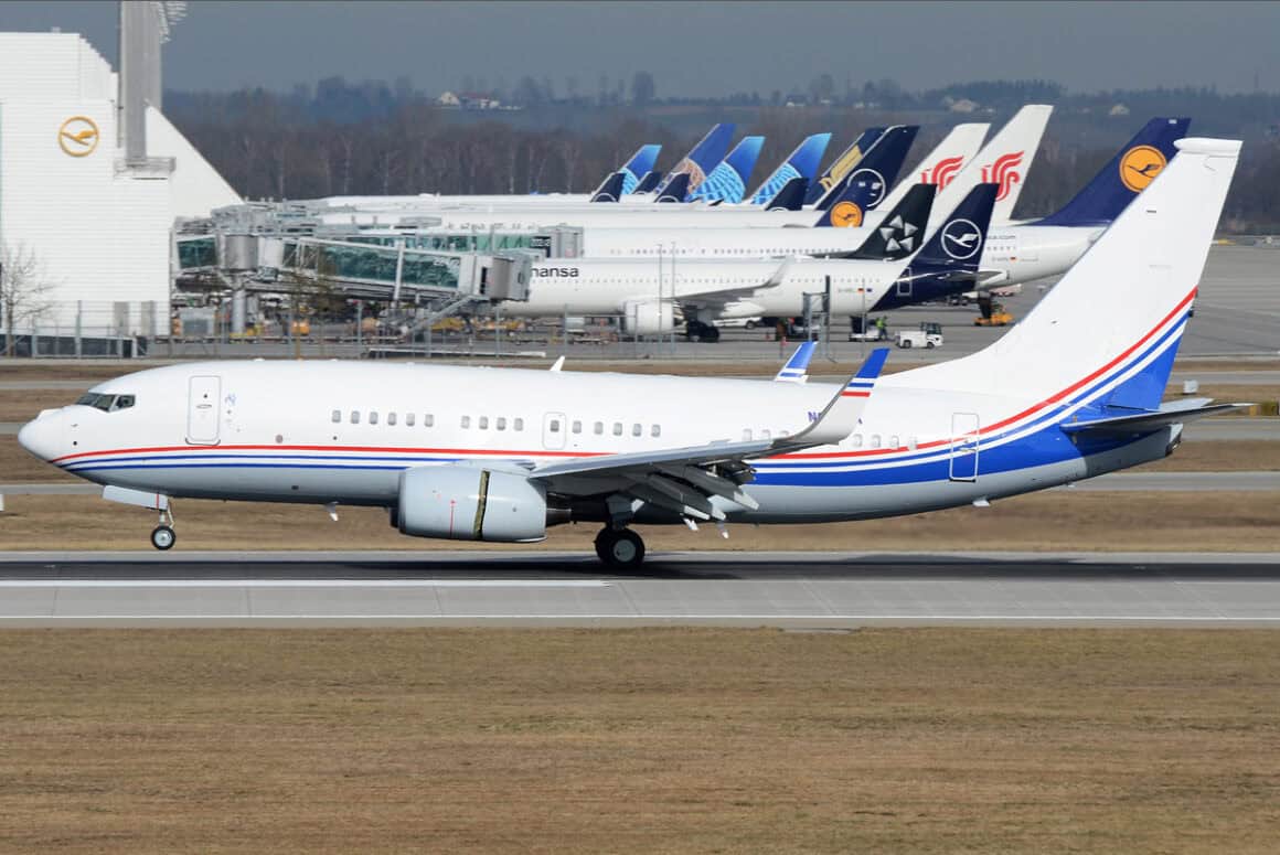 The Freedom Plane will be operated by a Boeing 737-7BC(WL) Boeing Business Jet (BBJ). Registration N836BA. Seen here at Munich Franz Josef Strauss International Airport (MUC) in Germany in February 2024