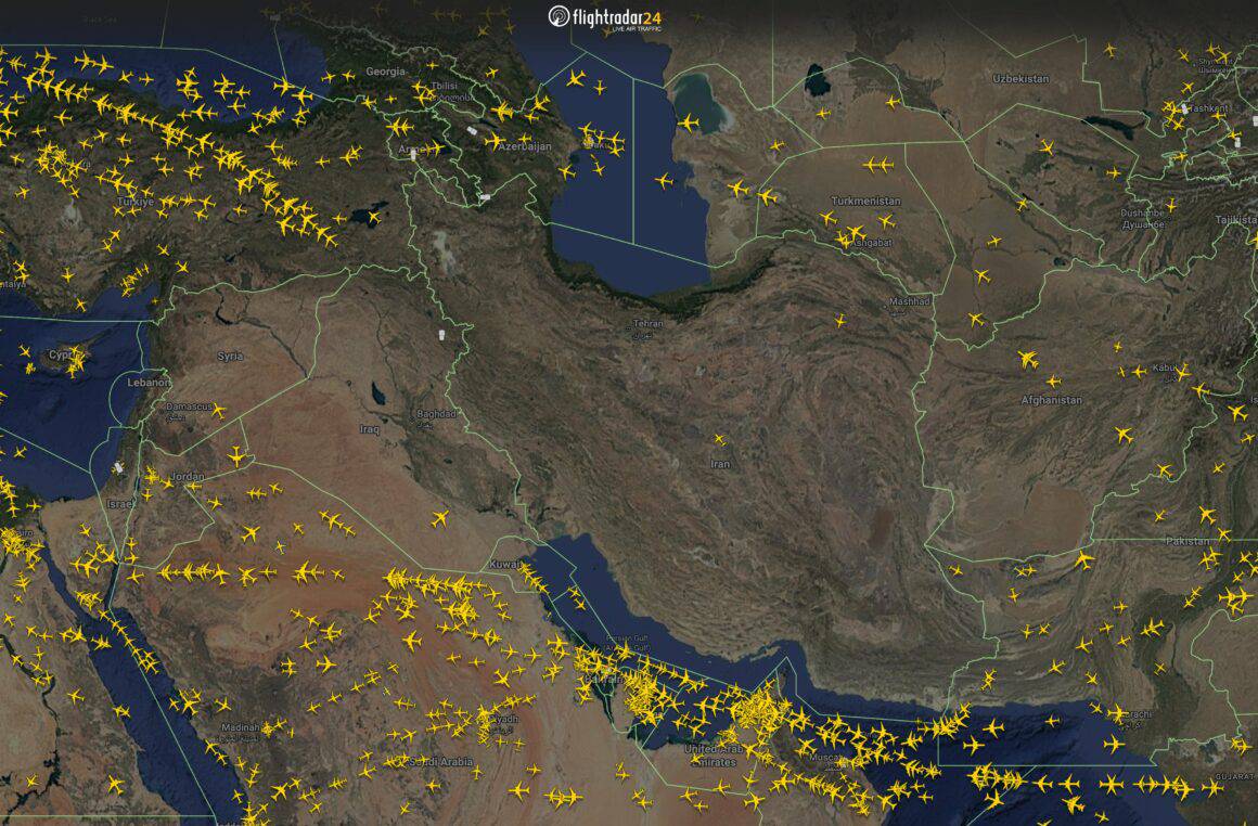 Operation Epic Fury Leads to Epic Chaos Across Global Air Travel 1 FlightRadar24 map showing deserted airspace over the Middle East as a result of Operation Epic Fury