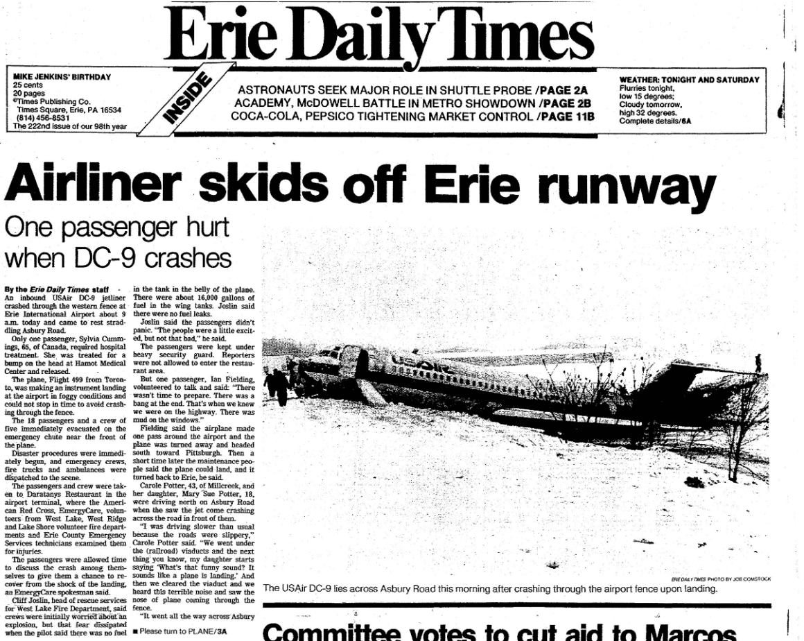Erie newspaper announces the crash of USAir Flight 499 