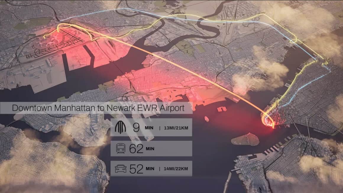 Map of New York Metro area showing flight time from Newark Liberty (EWR) to the Manhattan Heliport via Archer aircraft