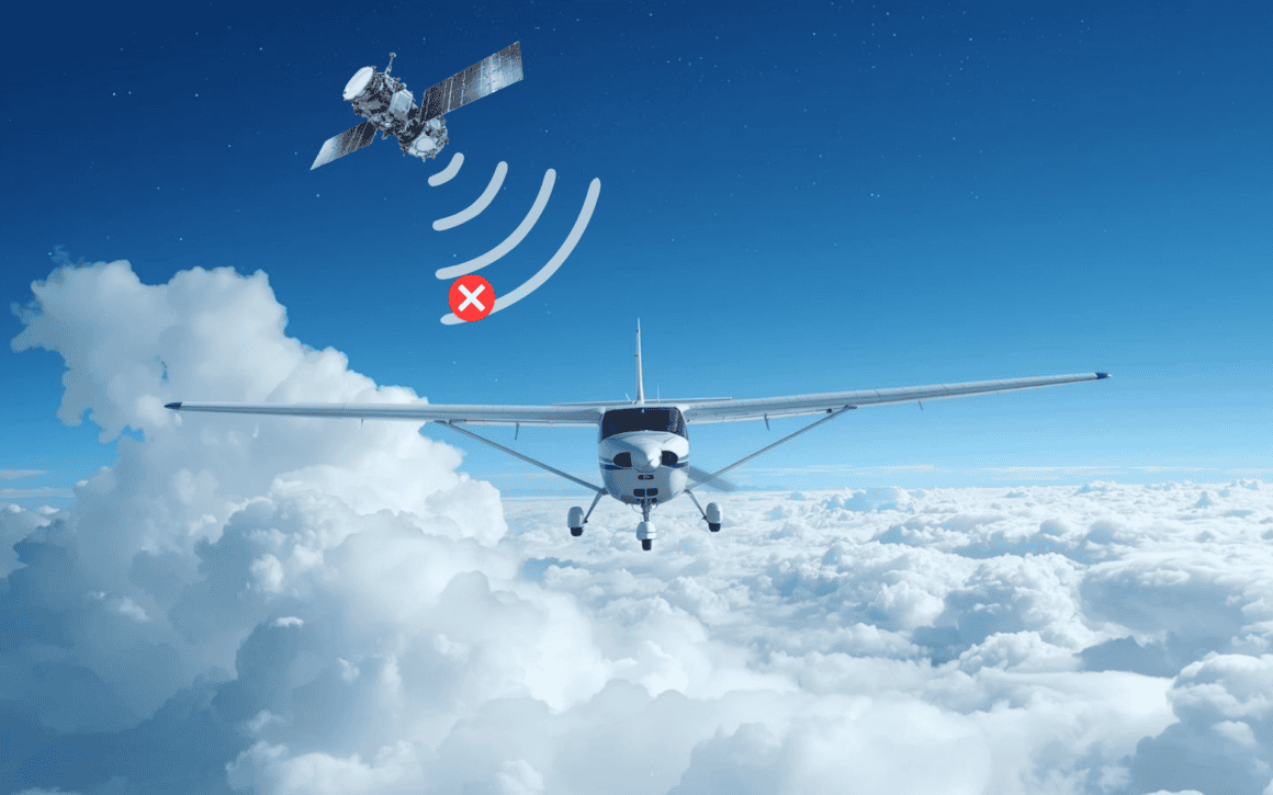 AI image of wifi beaming from satellite to airplane