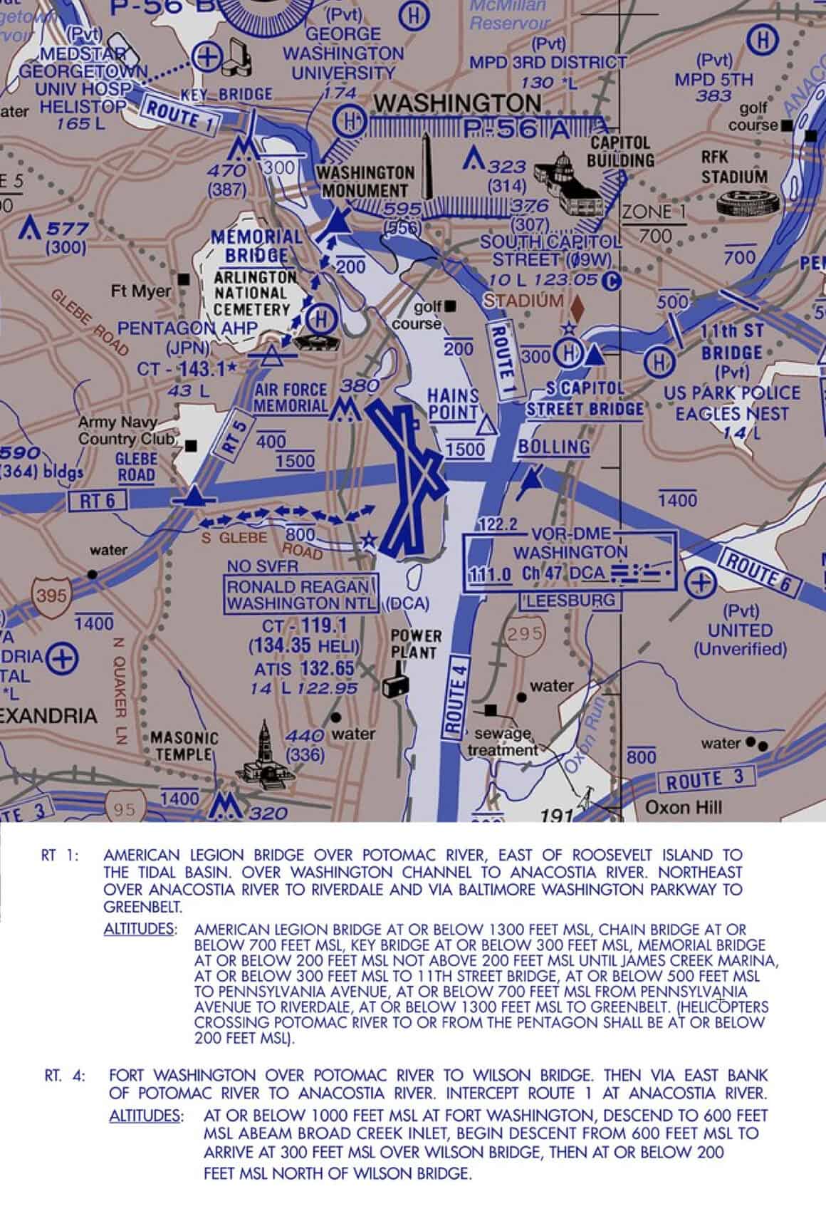 Chart indicating Helicopter Routes 2 and 4 near DCA
