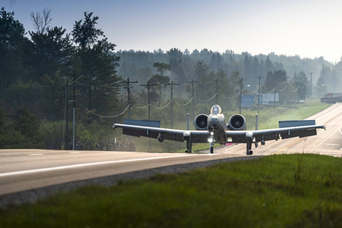 A-10 Thunderbolt II from Selfridge Air National Guard Base, Michigan, prepares to land on a public highway in Alpena, Michigan