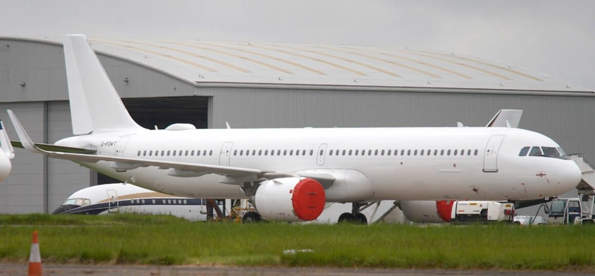The jet that would become the Royal British Airbus A321neo, seen here at London Standsted Airport with reg. G-POWT with Titan Airways 