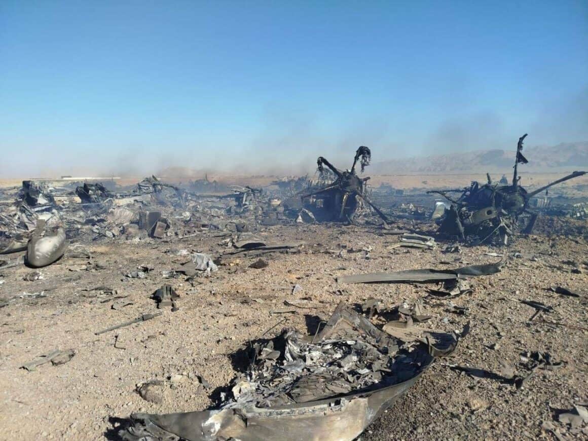 Wreckage of American MC-130J aircraft destroyed by American forces while on mission to find the missing F-15E WSO