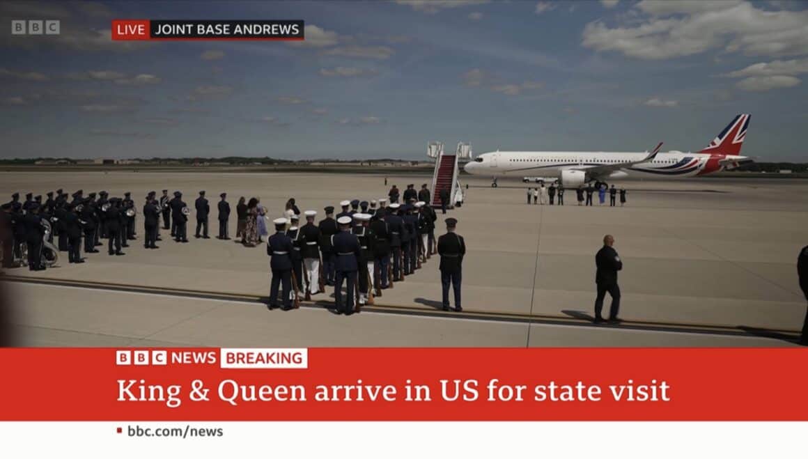 BBC coverage of the arrival of His Majesty King Charles III to Joint Base Andrews in Washington, DC on 27 April 2026