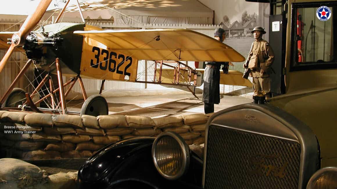 This Breese “Penguin,” on display at the museum, is the only surviving example of a 1917 ground trainer used to prepare pilots for flight. With no brakes, no steering, and no ability to lift off, it was designed to be just as difficult to handle as the real thing.