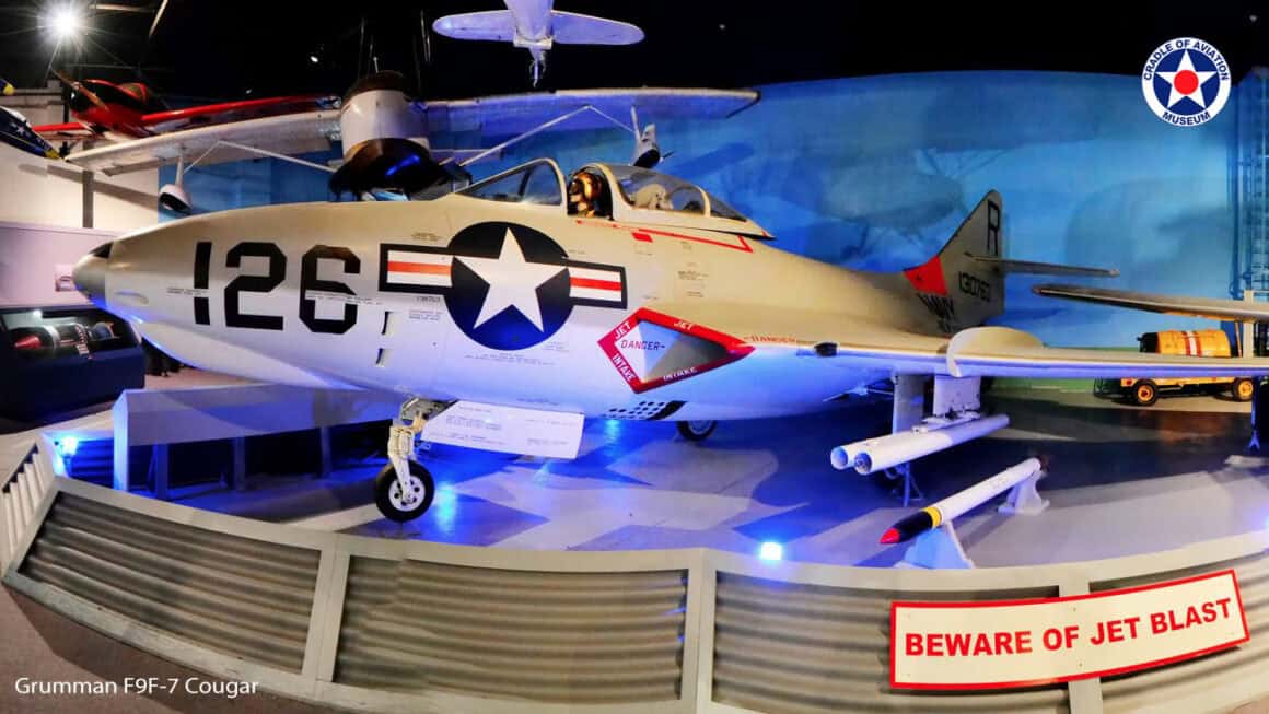 The F9F Cougar on display at the museum evolved from the straight-wing Panther into the Navy’s first swept-wing jet. Built for speed and combat in the Korean War era, it was armed with 20mm cannons and rockets for both air and ground attack.