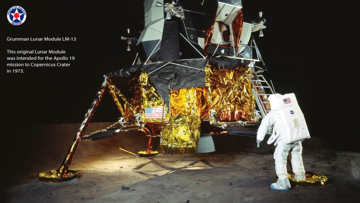The Lunar Module LM-13 on display at the museum was built for a planned Apollo mission that never flew. Identical in design to the LM “Eagle” that landed on the Moon in 1969, it represents the spacecraft that carried 12 astronauts to the lunar surface.