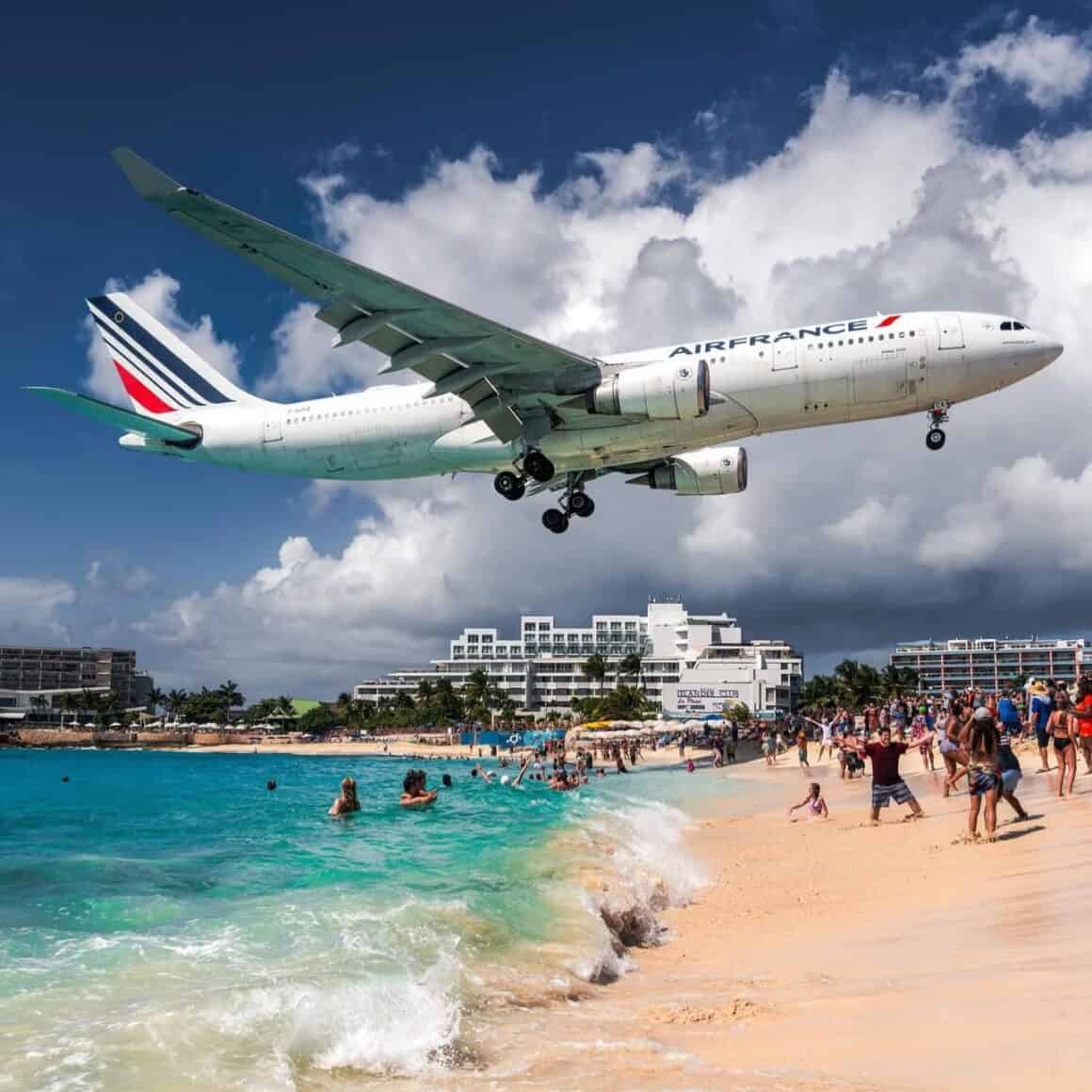 An Air France Airbus A330 from CDG passes over Maho Beach 