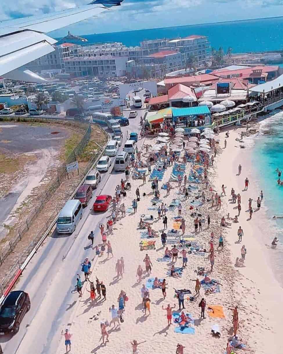 The view of Maho Beach from an incoming flight
