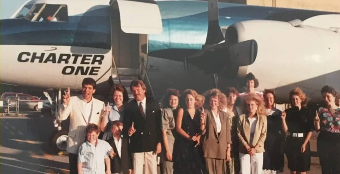 Before Spirit, there was Charter One Airlines. Founder Ned Homfeld stands with his employees outside of a Charter One Convair 580 in the early 1980s 