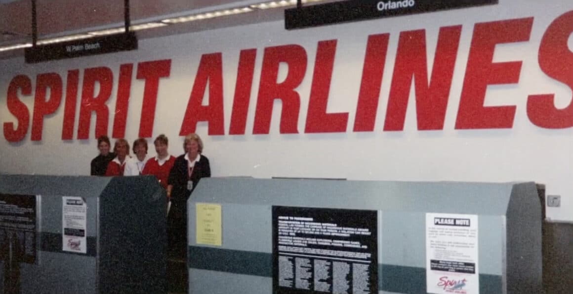 The Spirit Airlines ticket counter and employees at Atlantic City International Airport (ACY) in the early 1990s 